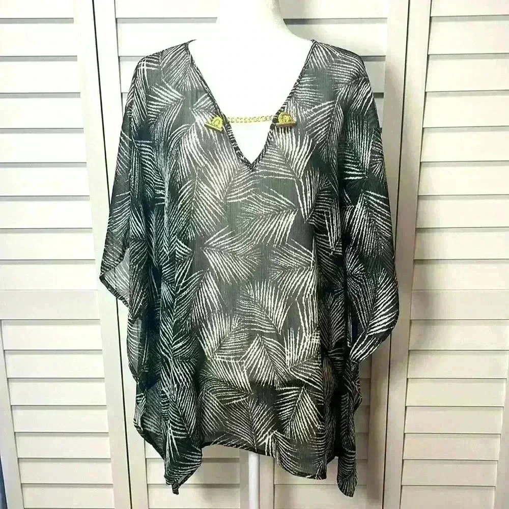 Michael Kors Palm Print V-Neck Poncho Tunic Top Size 1X Black, White & Gold